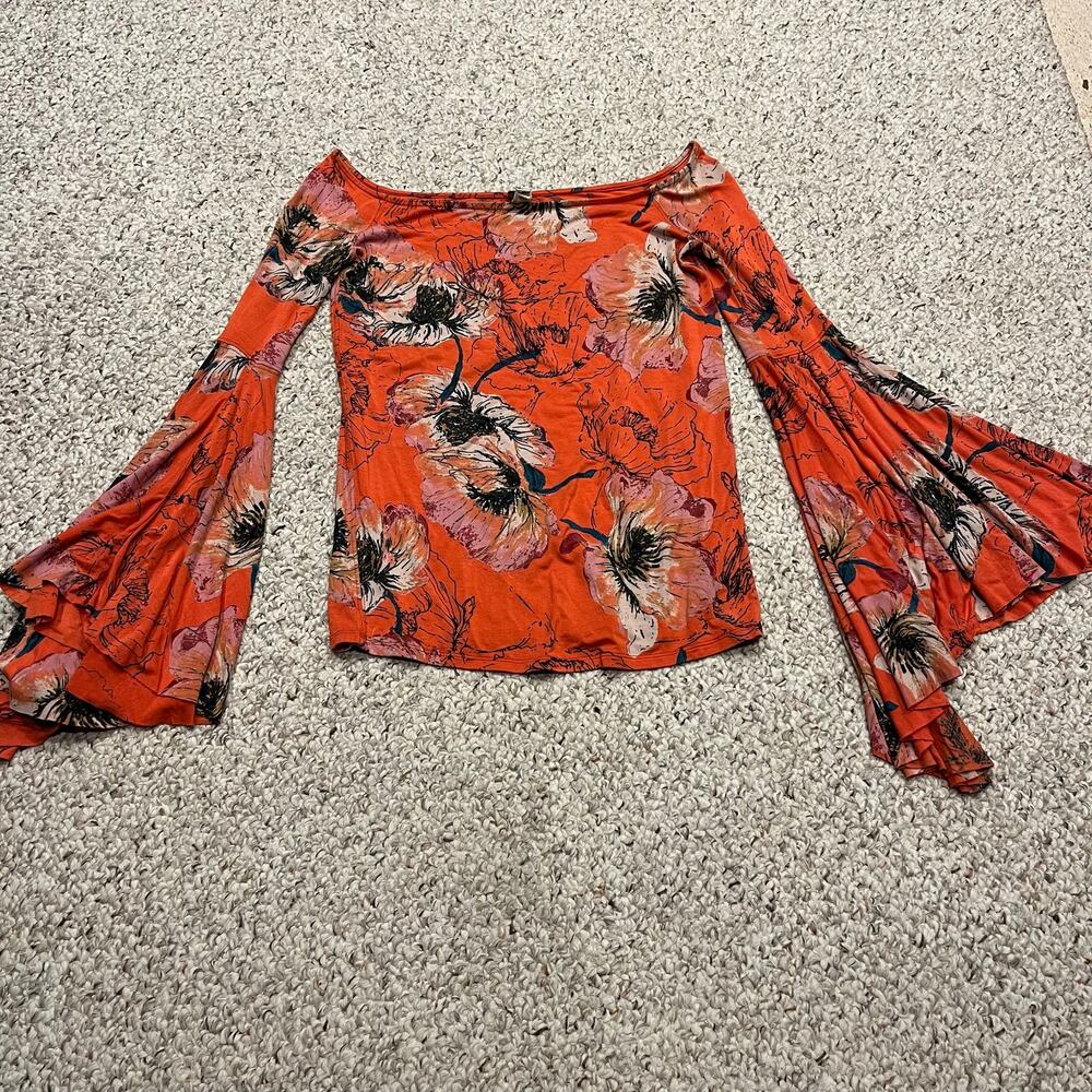 We the Free Birds of Paradise Bell Sleeve Off Shoulder Top M Orange Boho Flowy